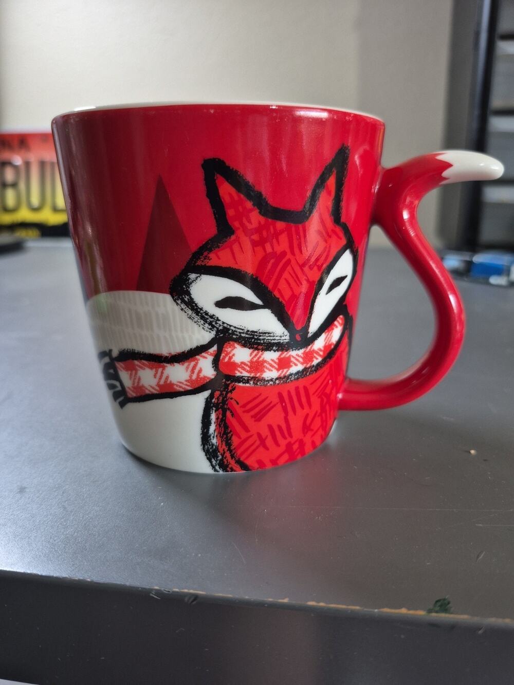💥 STARBUCKS RED FOX MUG Tail Handle 2016 Christmas Limited Edition Plaid Scarf
